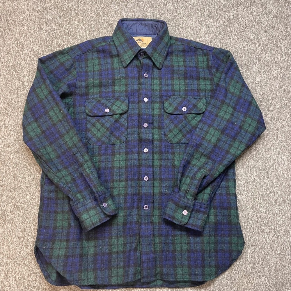 Camel Plaid Wool‎ Blend Flannel Shirt Jacket Blue Green Size L